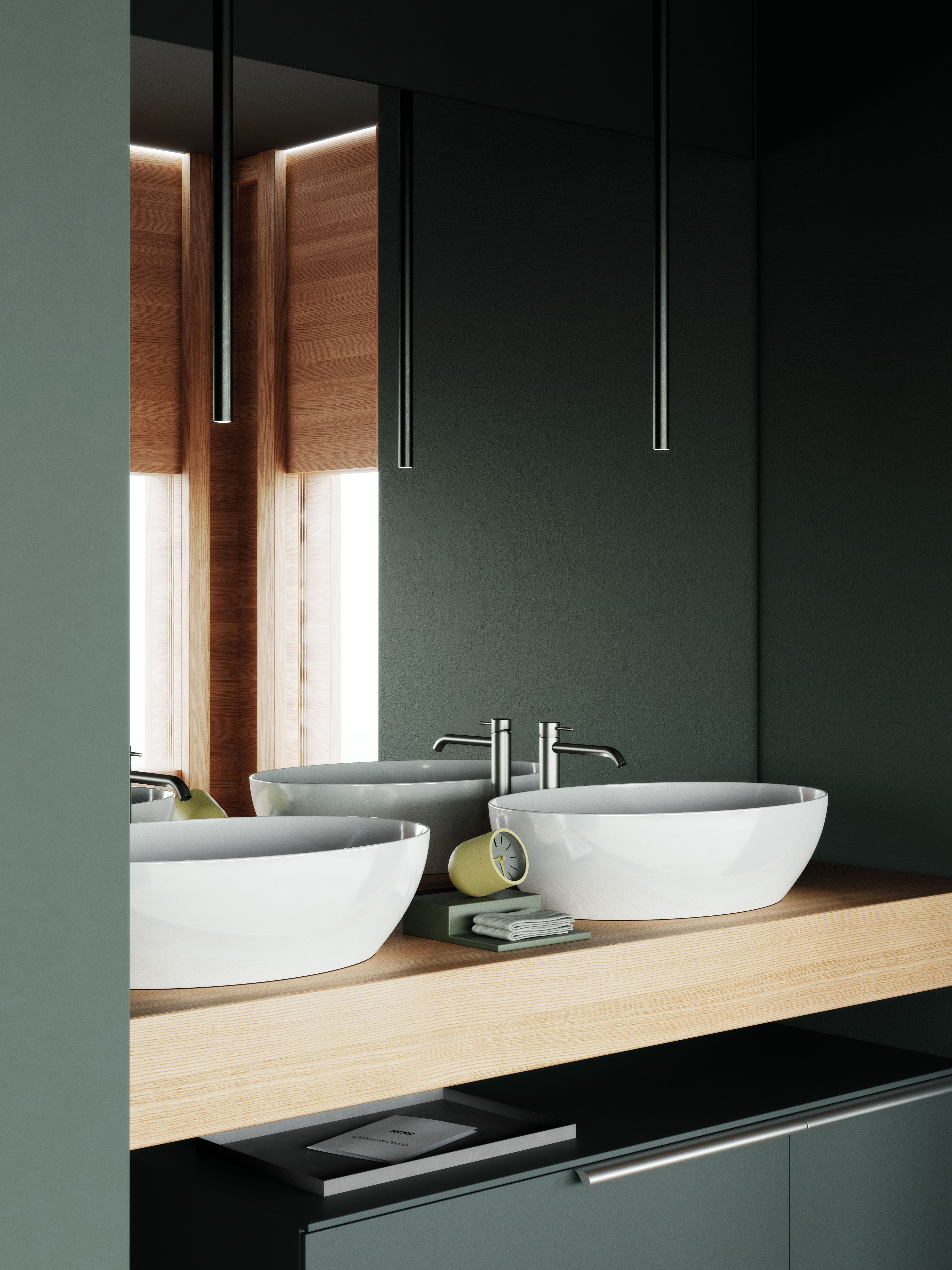 Doppio lavabo ovale ad appoggio su mensola in legno